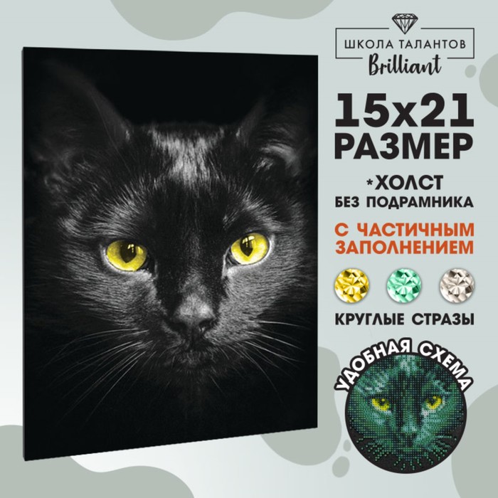 Алмазная мозаика "Черный кот" с частичным заполнением, размер 15х21 см